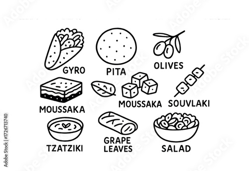 Greek cuisine icons: gyro, pita, moussaka, tzatziki, and more