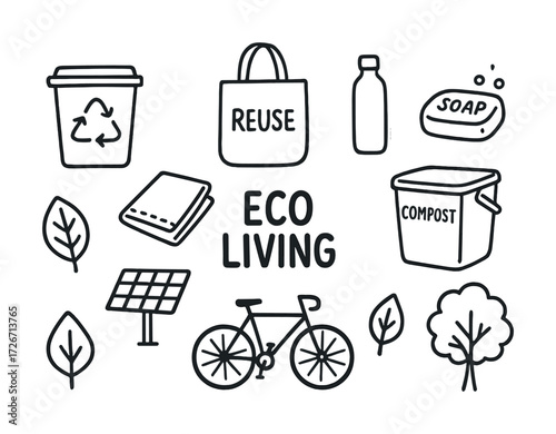 Eco living icons: sustainable practices with recycle, reuse, compost, and solar energy