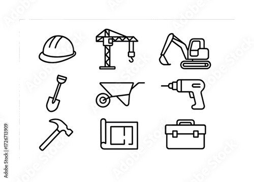 Construction tools and equipment icons set: helmet, crane, excavator, shovel, wheelbarrow, drill