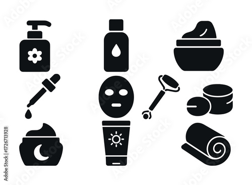 Skincare icons: lotion, cream, roller, face mask, cleanser, serum, towel