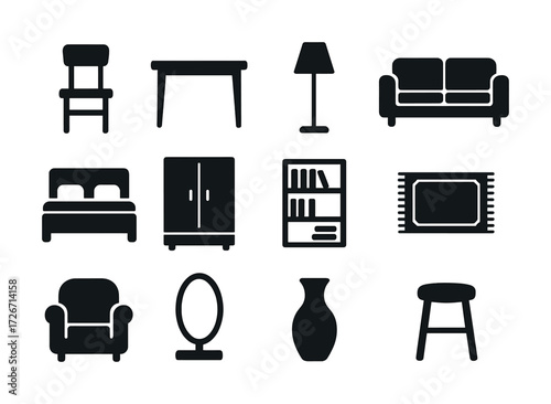 Home furniture icons: chair, table, lamp, sofa, bed, cabinet, shelf, rug, armchair, mirror, vase, stool