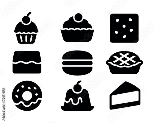 Set of dessert icons featuring cake, pie, donut, and more