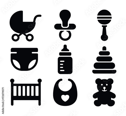 Baby essentials icons collection: stroller, pacifier, rattle, diaper, bottle, blocks, crib, bib, teddy bear
