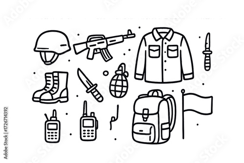 Military gear icons: helmet, rifle, boots, knives, grenade, shirt, backpack, flag, radios