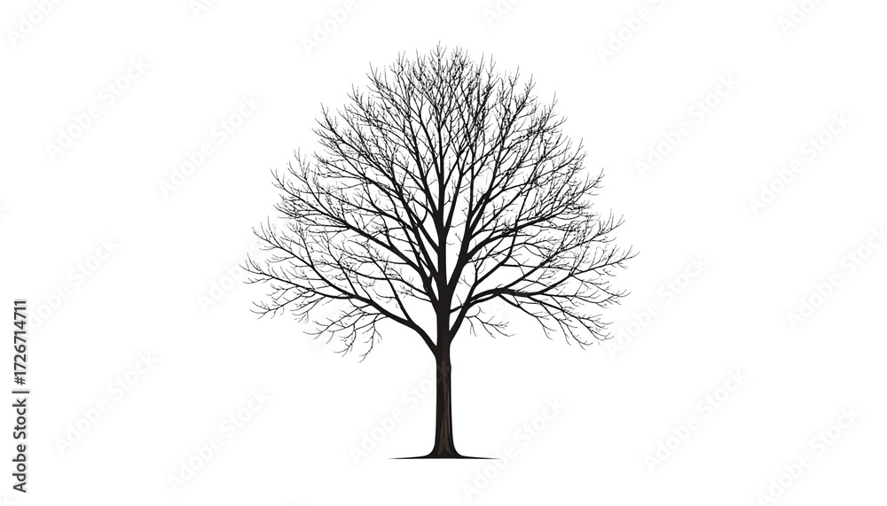 Obraz premium Single silhouette of leafless winter tree with branches, isolated on white background