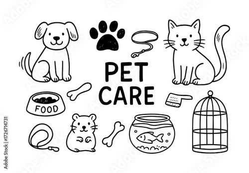 Hand-drawn pet care icons with dog, cat, hamster, fish, and accessories