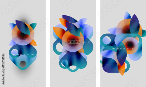 Abstract geometric shapes overlap, creating vibrant color blends. Backgrounds feature gradients, circles, soft shadows. Modern design elements present.