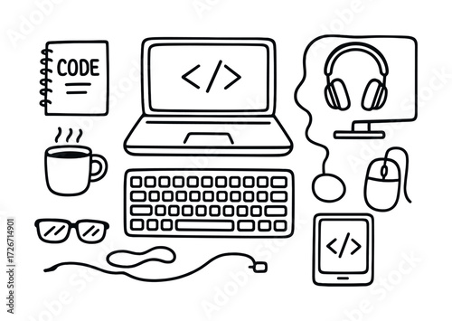 Coding workspace essentials: laptop, headphones, keyboard, coffee, notebook, tablet