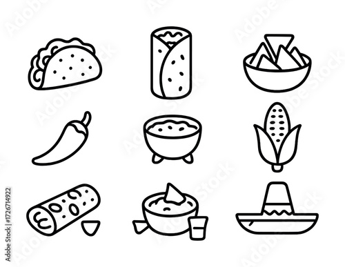 Mexican food icons: taco, burrito, salsa, nachos, corn, pepper, sombrero – line art illustration