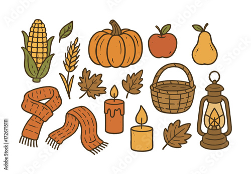 Autumn harvest icons: corn, pumpkin, apple, pear, leaves, lantern, basket, candles, scarf
