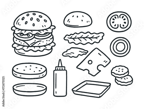 Hand-drawn burger ingredients: bun, cheese, tomato, lettuce, sauce