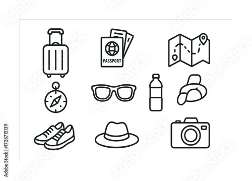 Travel essentials icons: luggage, passport, map, compass, sunglasses, water, hat, shoes, camera