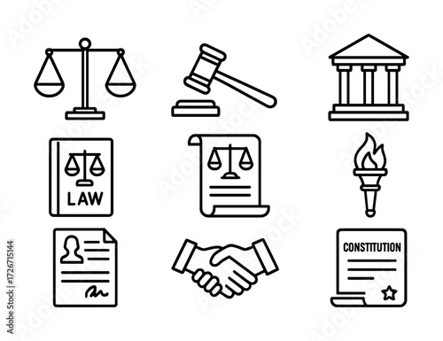 Law and justice icons: scales, gavel, courthouse, constitution, documents, and handshake