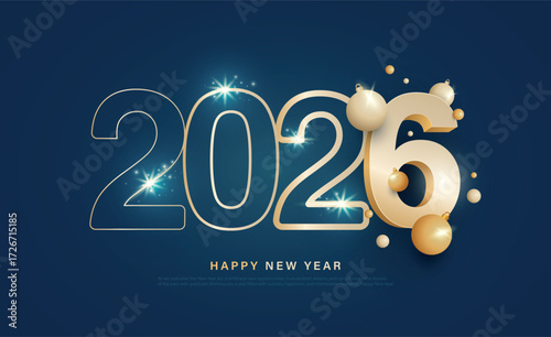 2026 realistic gold number for Happy new year design on blue background. Premium Christmas festive vector design for poster, banner, greeting