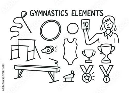 Gymnastics elements: equipment, medals, female judge, trophy, beam, ribbon, leotard, podium