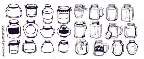 Vector set of hand drawn empty jars and bottles vintage