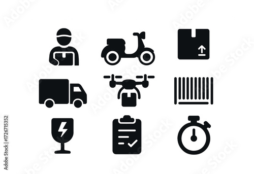 Delivery icons: package, scooter, drone, truck, checklist, time, fragile