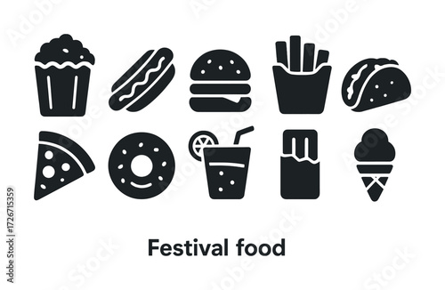 Icon set of popular festival foods: cupcake, hotdog, burger, fries, taco, pizza, donut, soda, chocolate, ice cream