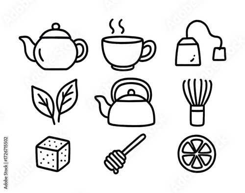 Tea essentials: teapot, cup, teabag, leaves, honey dipper, whisk, lemon, cube icons