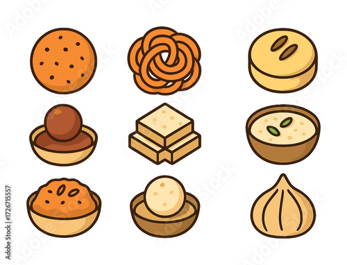 Assorted indian sweets: jalebi, gulab jamun, barfi, modak, and more