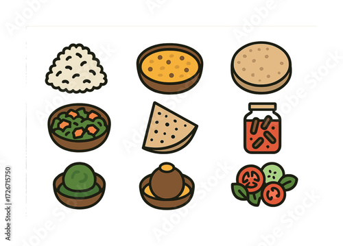 Illustrated indian cuisine icons featuring rice, lentils, flatbread, and assorted condiments