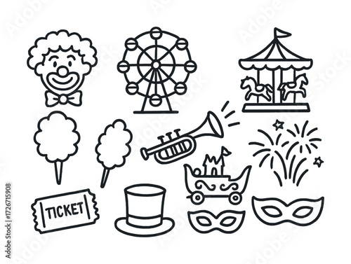 Carnival icons: clown, ferris wheel, carousel, trumpet, fireworks, mask, cotton candy