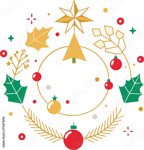 Vector art of vibrant flat design illustration of a circular christmas wreath featuring a golden star at the top, a stylized christmas tree, red baubles, green holly leaves, and golden pine branches