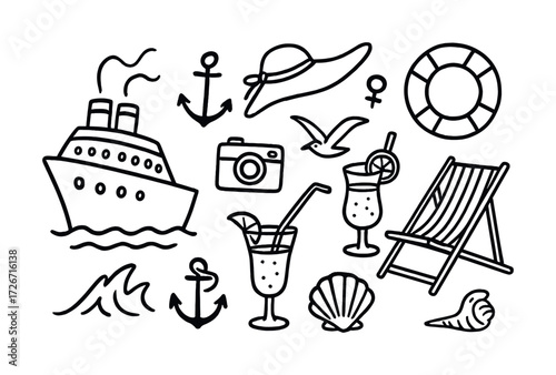 Nautical and beach elements: ship, anchor, lifebuoy, camera, beach chair, cocktails, shells, and seagull doodles