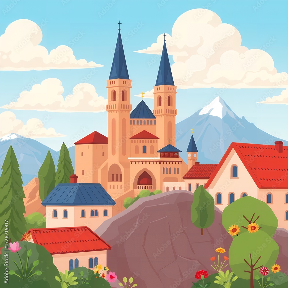 Naklejka premium Cartoon illustration of a picturesque village with a large church building situated against a mountainous backdrop