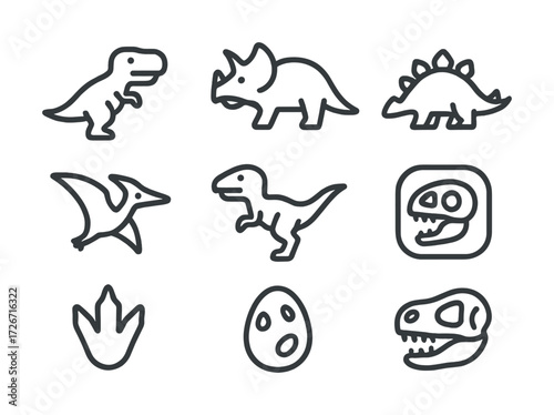 Dinosaur icon set featuring t-rex, triceratops, stegosaurus, pterodactyl, egg, and fossil