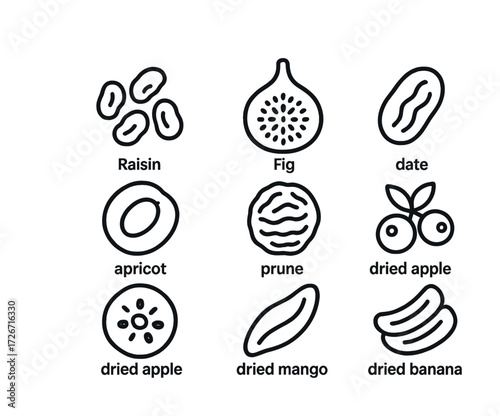 Assorted icons of dried fruits including raisin fig mango and banana