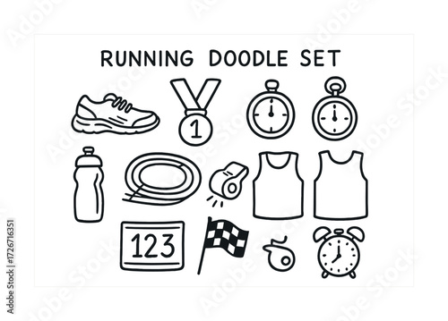 Hand-drawn running doodle set with shoes, stopwatch, medal, water bottle, whistle, tank tops, track