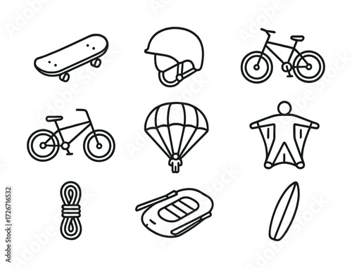 Adventure gear icons: skateboard, helmet, bicycle, parachute, wingsuit, raft, surfboard, rope