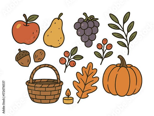 Autumn harvest: apple, pear, grapes, leaves, pumpkin, and basket illustration