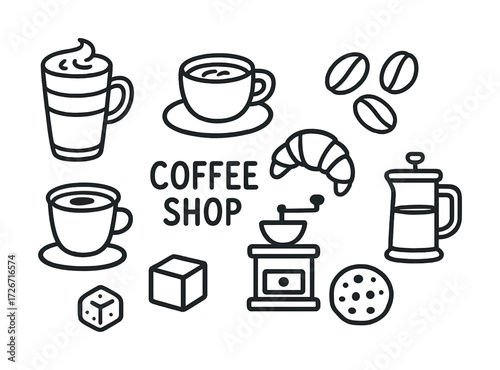 Coffee shop icons: cups, grinder, french press, beans, and pastries in outline style