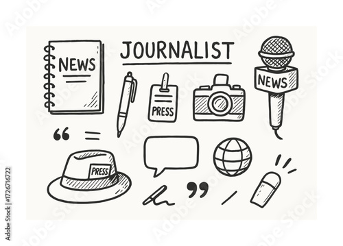 Journalist tools: microphone, camera, notebook, press pass icons in black and white