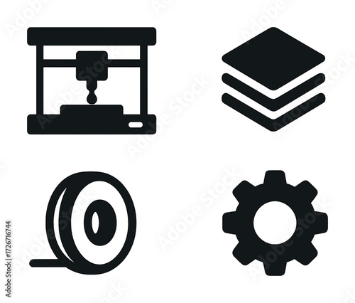 3d printer icon set featuring layers, nozzle, filament, and gear symbols