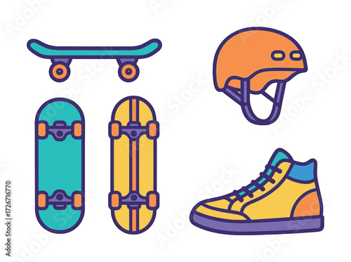 Colorful skateboarding gear: skateboards, helmet, shoe illustration