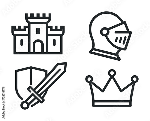 Medieval symbols set: castle, helmet, sword, shield, crown icons