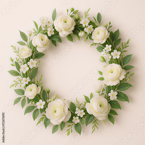Floral wreath with white roses and green leaves on beige background