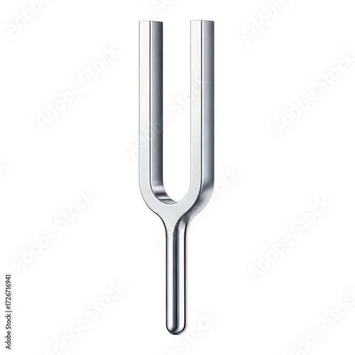 Shiny metal tuning fork on a white background.