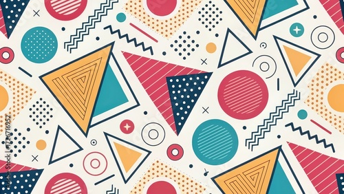 Seamless retro geometric pattern with colorful Memphis style shapes, abstract 80s and 90s background design for fabric, stationery, packaging, digital prints, party themes, and creative branding 