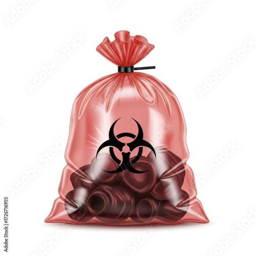 A red biohazard bag filled with medical waste, sealed with a tie, and featuring the biohazard symbol.