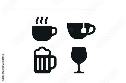 Silhouette icons of various drinkware: coffee, tea, beer, wine glasses