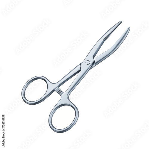 Close-up of a silver metallic surgical hemostat or fishing forceps with curved, serrated jaws and finger loops on a white background.