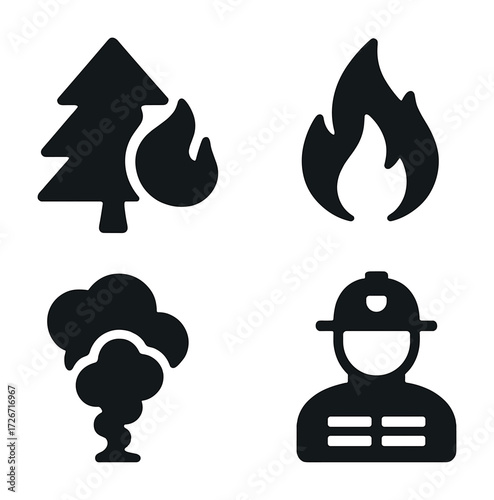 Firefighting symbols: tree, fire, smoke, firefighter helmet icons