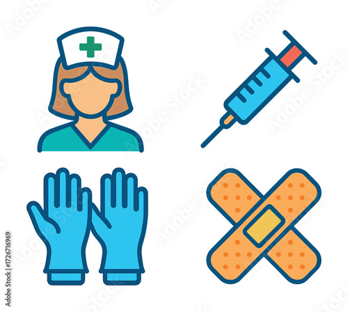 Healthcare icons: nurse, syringe, gloves, bandages for medical themes