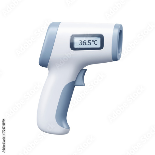 A white and blue infrared thermometer gun displaying a temperature of 36.5 degrees Celsius on its digital screen.