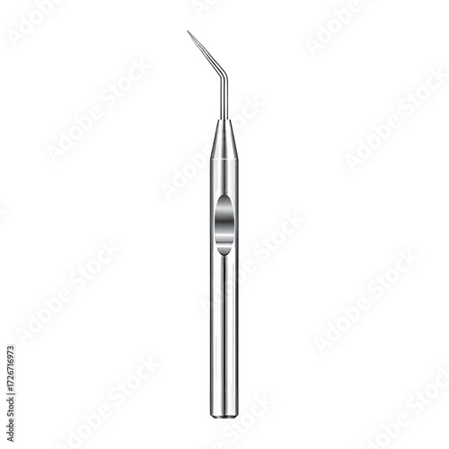 Shiny metallic dental scaler with a sharp, angled tip, a professional oral hygiene instrument.