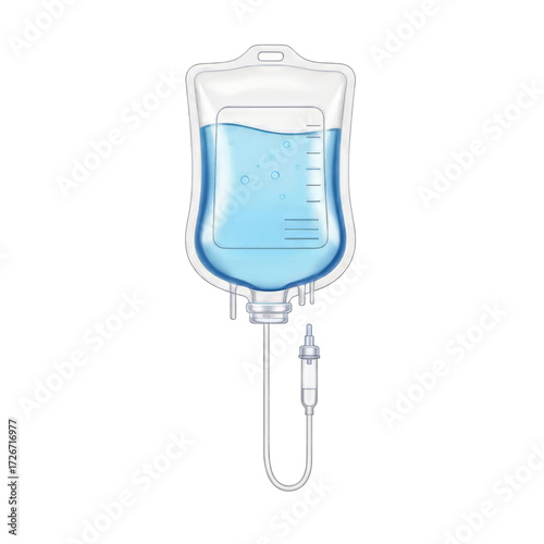 Realistic intravenous therapy IV drip bag with a blue liquid solution, isolated on a white background.